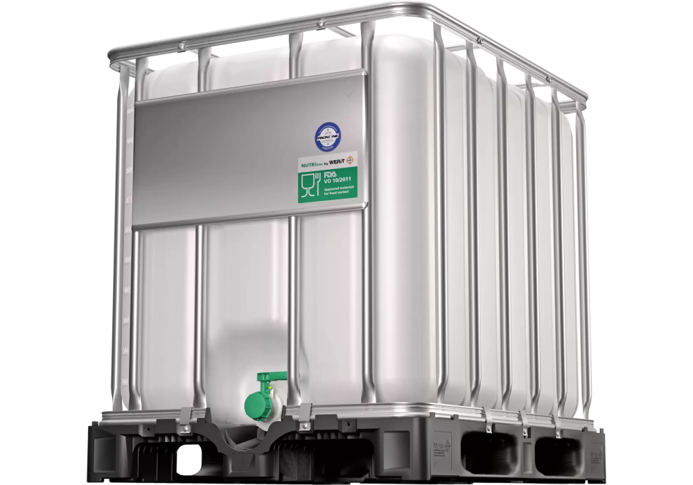 Zbiornik IBC (FDA ADR) 600 l do przemysłu spożywczego – uszczelnienie Viton, paleta PE